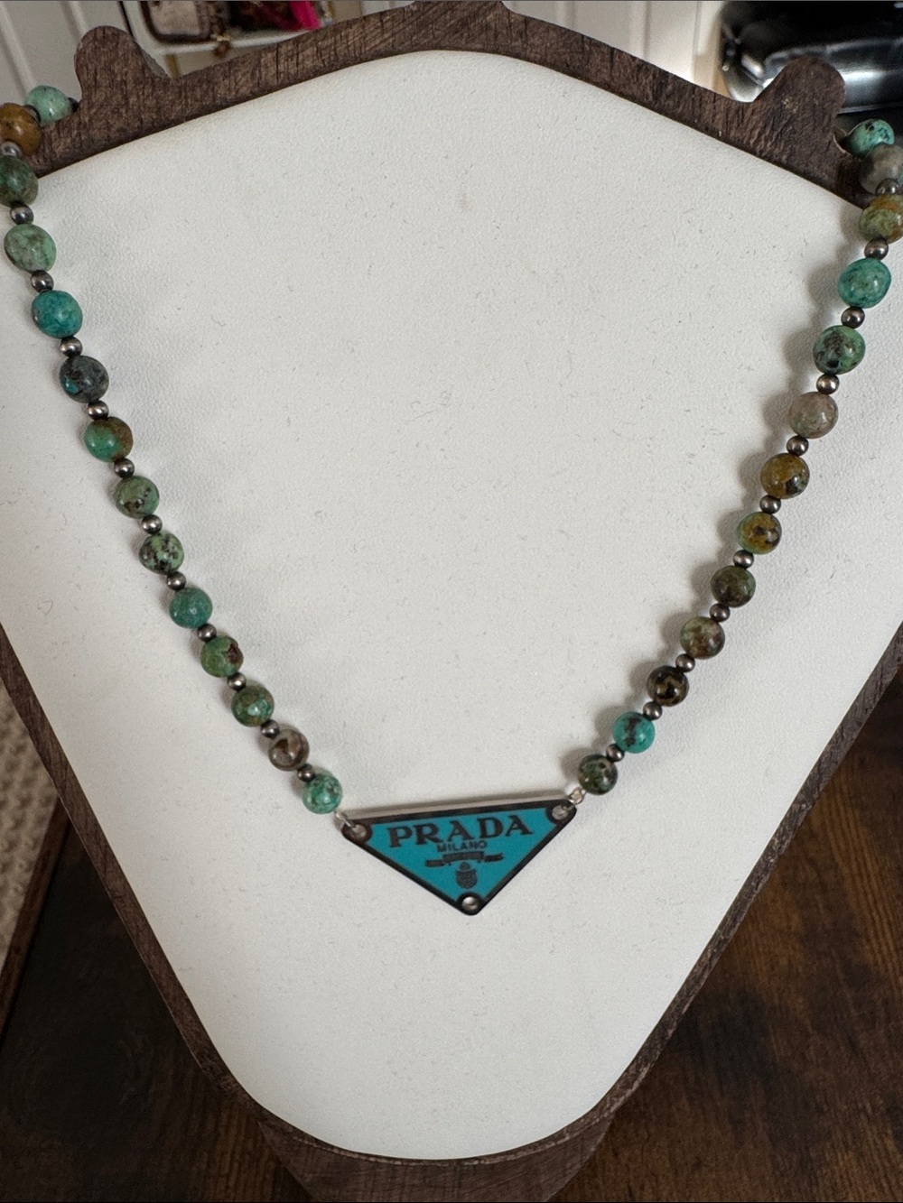 Prada Turquoise and Green Beaded Triangle Logo Necklace
